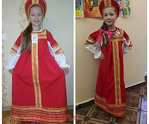 Очаровательная Полечка из Калининграда. Сарафан "Дарина" красный хлопок с золотой тесьмой и кокошник "Сонечка" под сарафан.